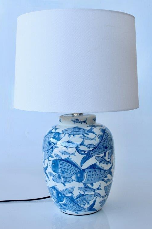 Blue and White Fish Lamp Base With Off White Shade - NetDécor 