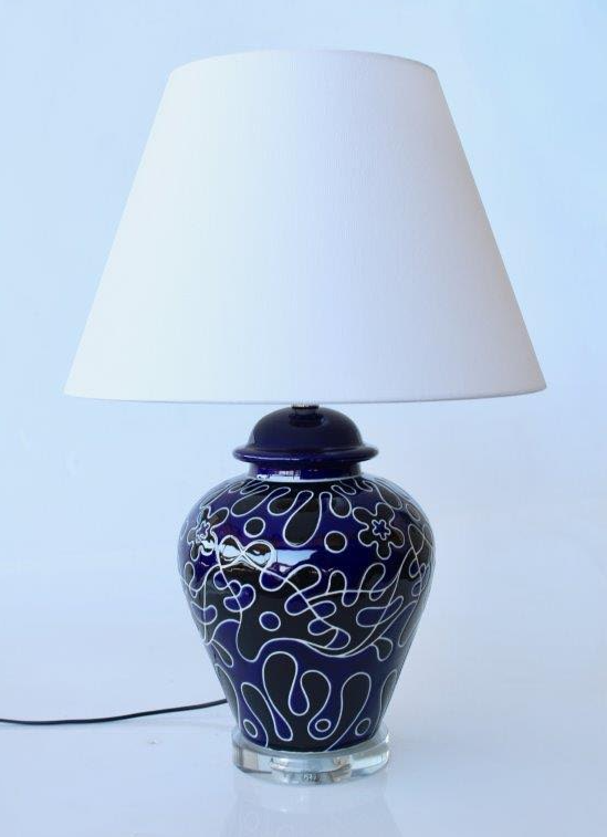 NAVY & BLACK LAMP CRYSTAL BASE OFF WHITE SHADE - NetDécor 