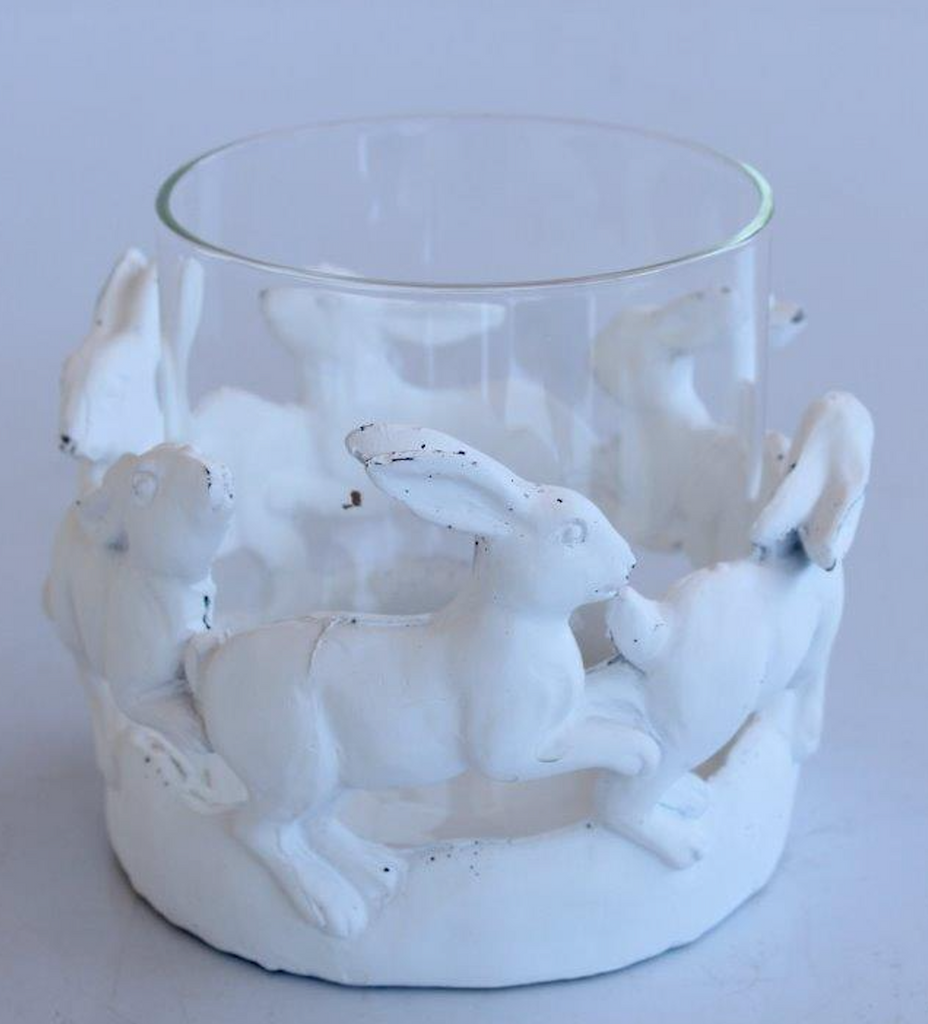 Set of Two Large White Round Bunny Tea Light Holders - NetDécor 