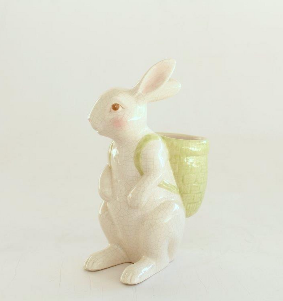 Set of 2 White Rabbits Carrying Green Basket - NetDécor 