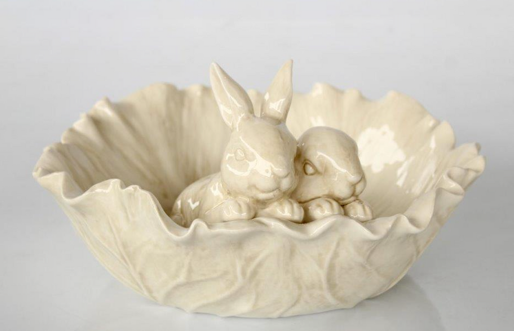 Cream Cabbage Bowl with 2 Rabbits - NetDécor 