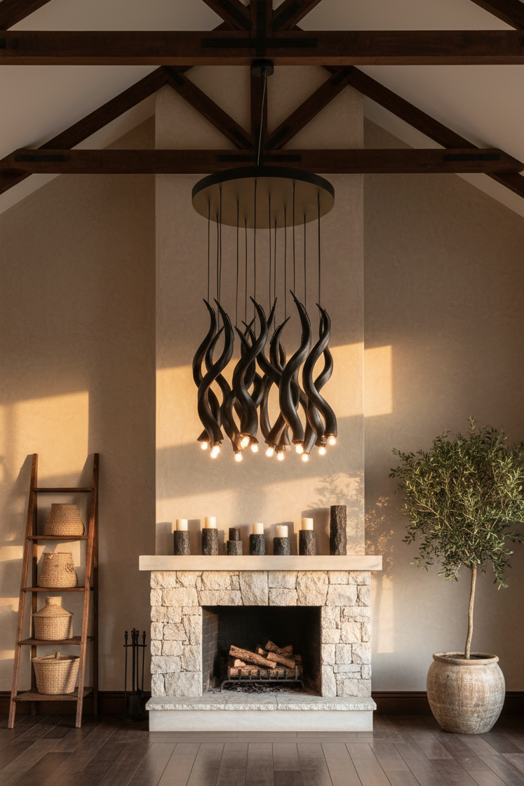 14 matt Black round kudu horn chandelier – diamete - NetDécor 