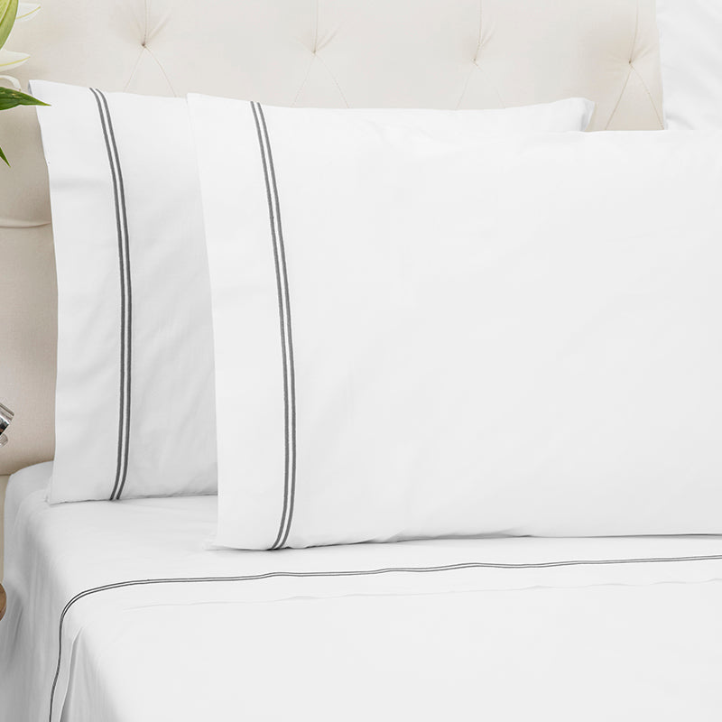 Percale Two Row Satin Cord White Grey Standard Pillowcase